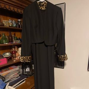 Vintage black floor length faux fur cheetah collared dress and balero jacket